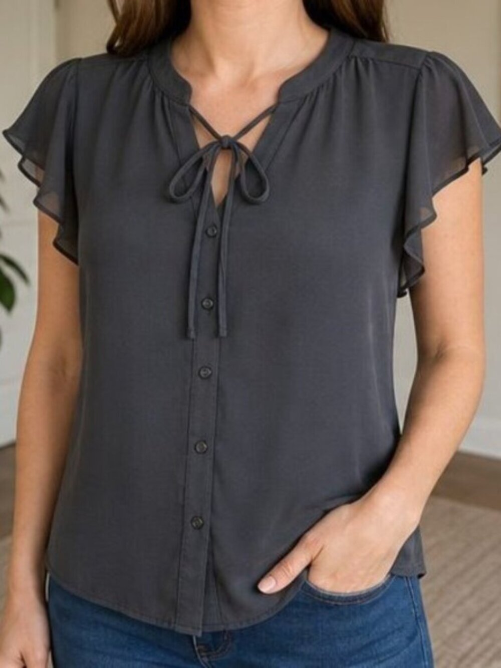 Charcoal Ruffle Blouse - Picture 2 of 6